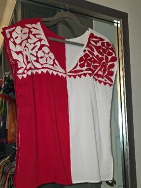 Embroidered V-Neck Colorblock Tunic in Red and White